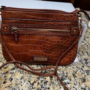 Anne Klein Cognac Leather Crossbody Bag with Embossed Pattern